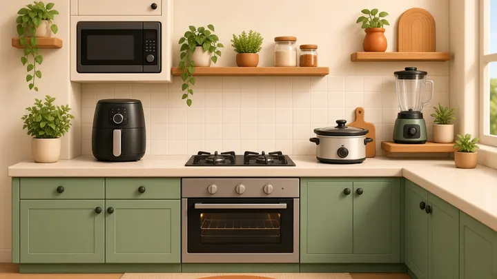 A cream kitchen with sage cabinets, an air fryer, stove, oven, slow cooker and blender