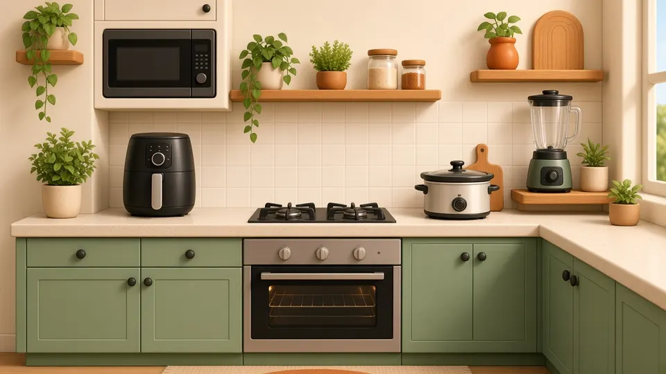 A cream kitchen with sage cabinets, an air fryer, stove, oven, slow cooker and blender