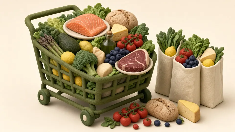 A fuller shopping cart with salmon, steak, tomatoes and greens