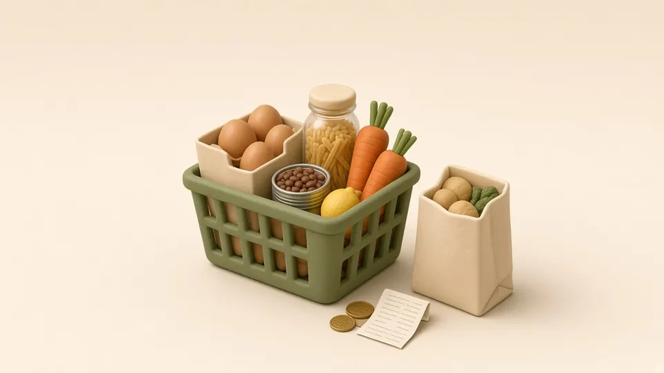 A small shopping basket with eggs, pasta, beans and carrots