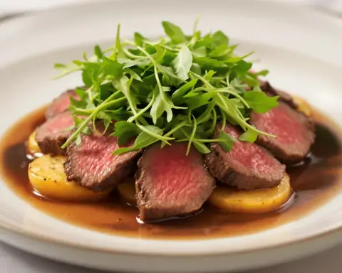 Sirloin, roast potatoes & arugula pile
