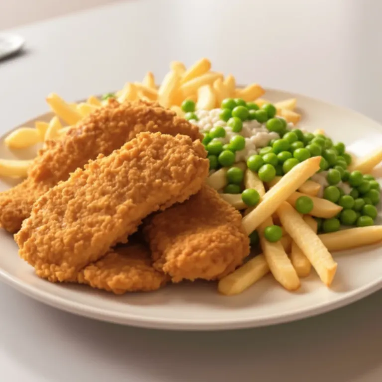 Chicken tenders, fries & peas