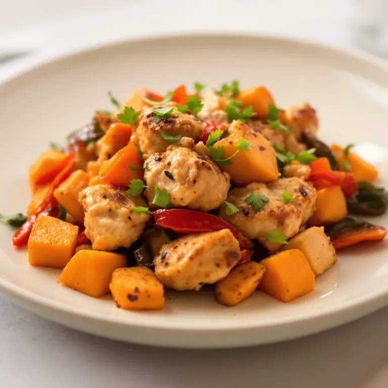 Cumin chicken thighs, sweet potato & peppers