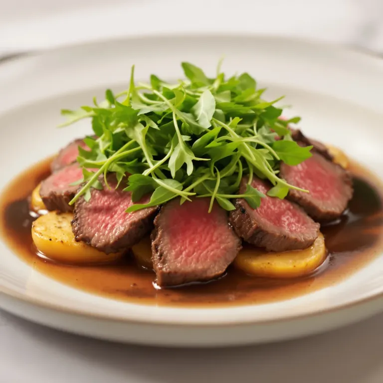 Sirloin, roast potatoes & arugula pile