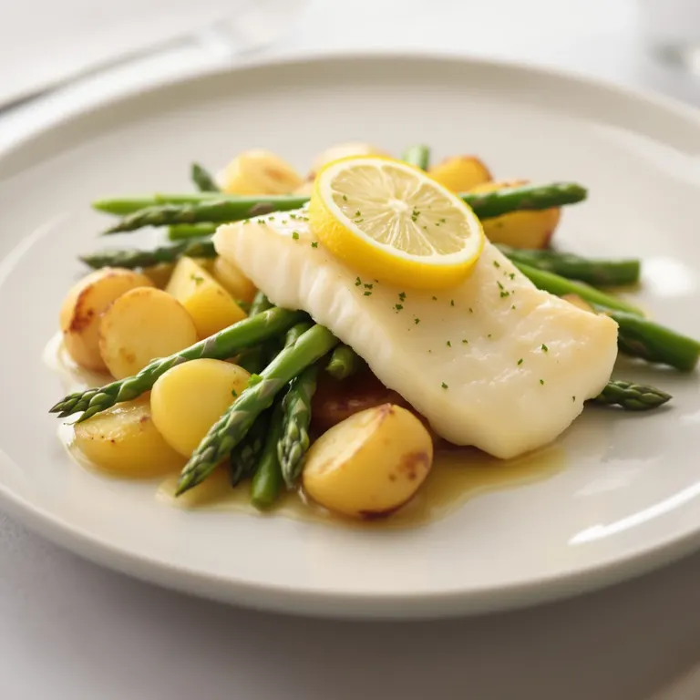 Lemon sea bass, asparagus & baby potatoes
