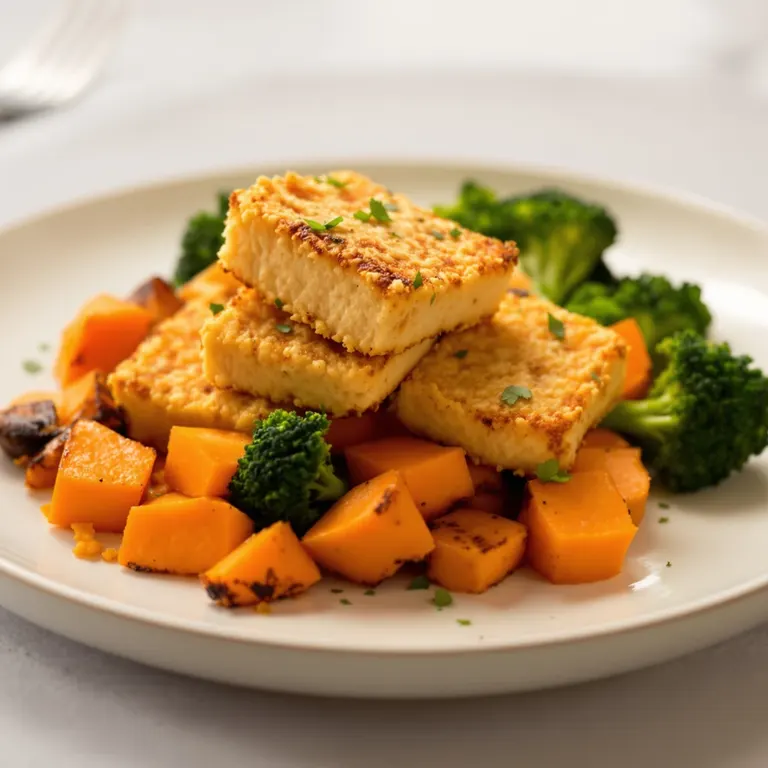 Crispy tofu katsu with sweet potato cubes