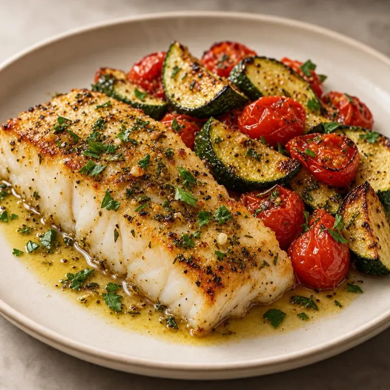 Baked white fish with zucchini & tomato