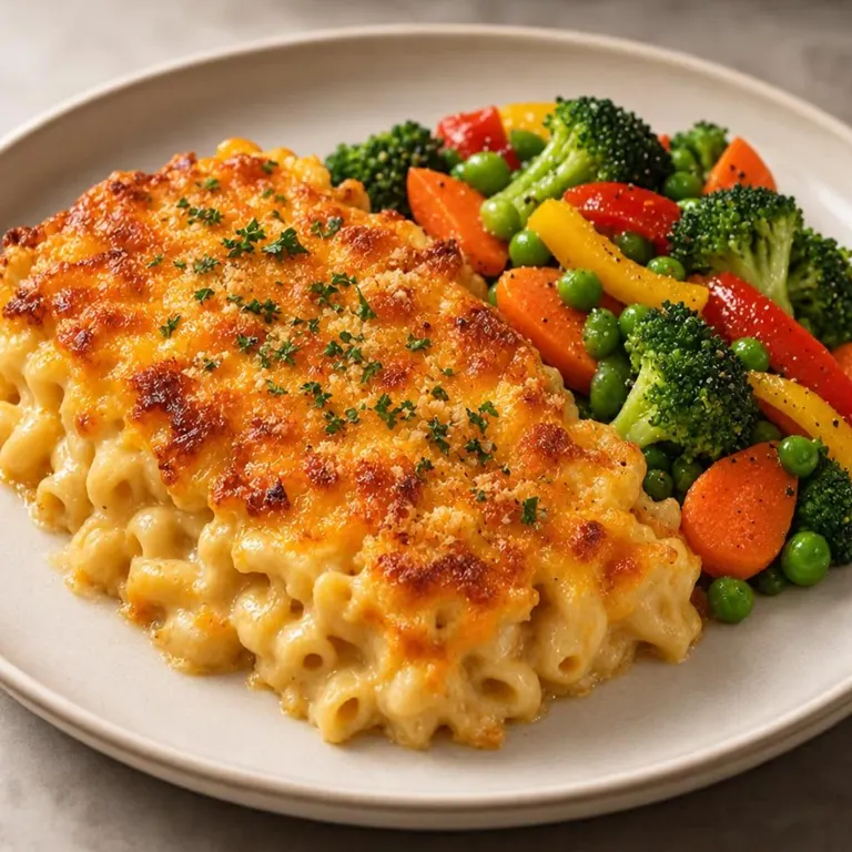 Baked mac and cheddar with mixed veg