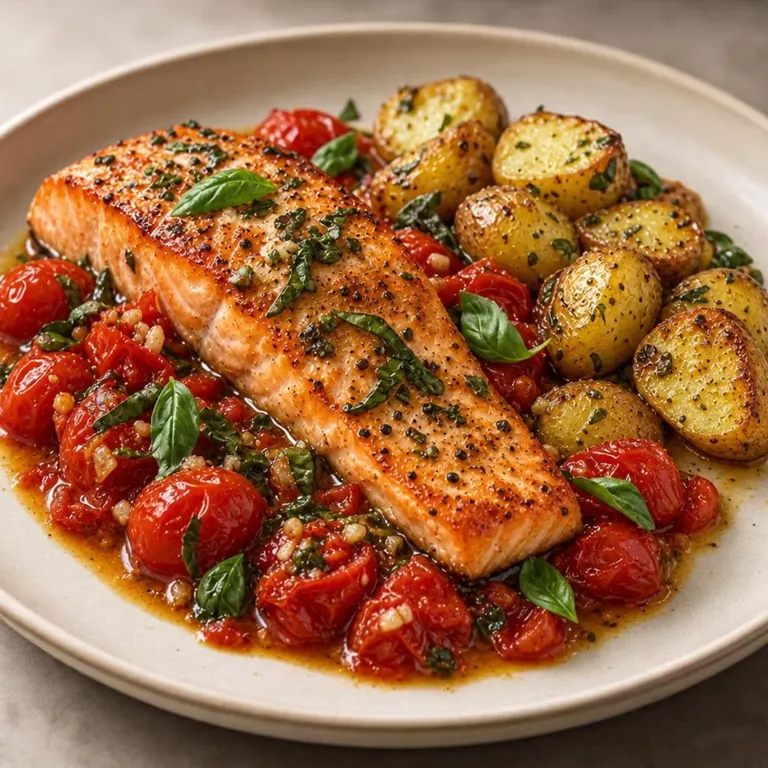 Basil salmon with tomatoes & baby potatoes