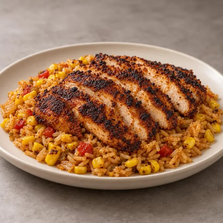Cajun blackened chicken with corn rice