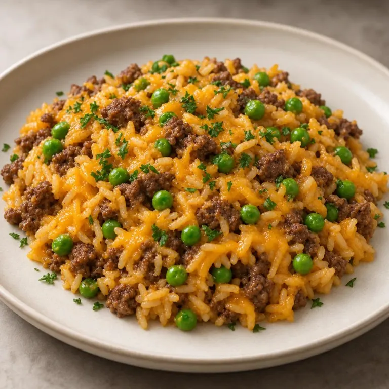 Cheesy beef, rice, and peas