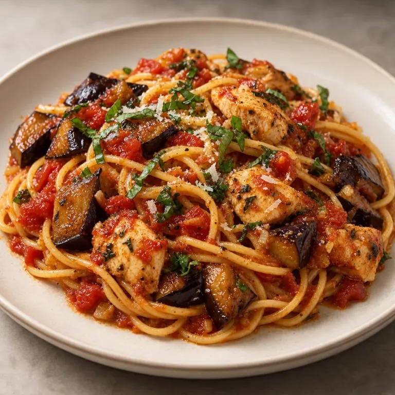 Chicken with eggplant and gluten-free pasta
