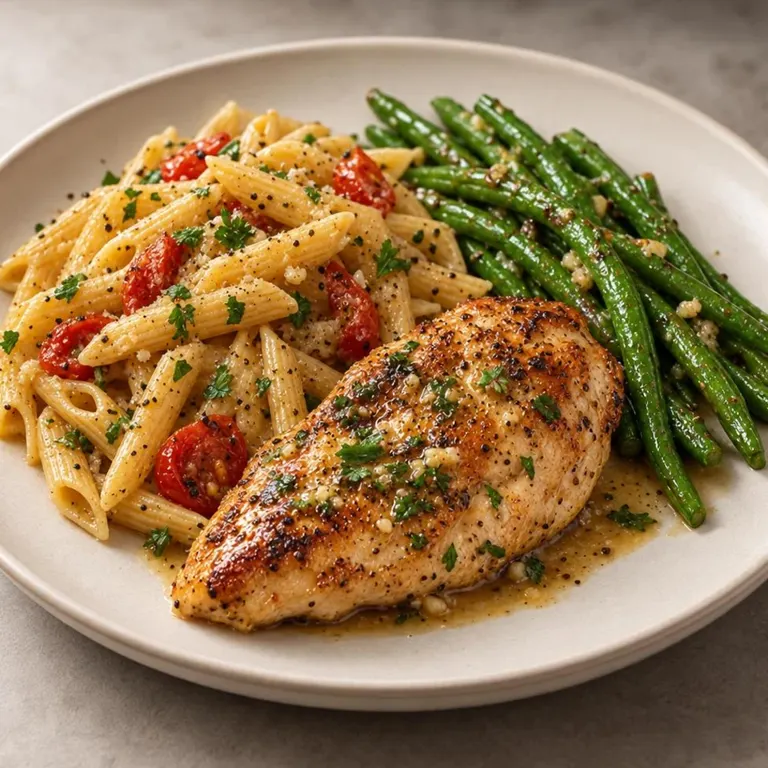 Chicken with green beans and gluten-free pasta