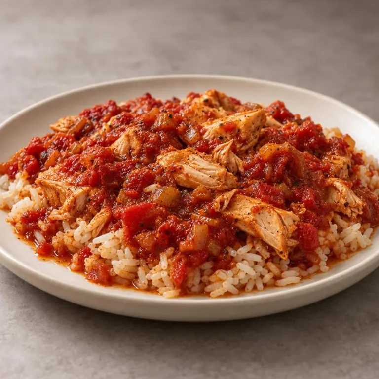 Chopped chicken ragu over rice