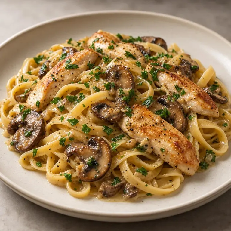 Chicken with mushrooms and gluten-free pasta