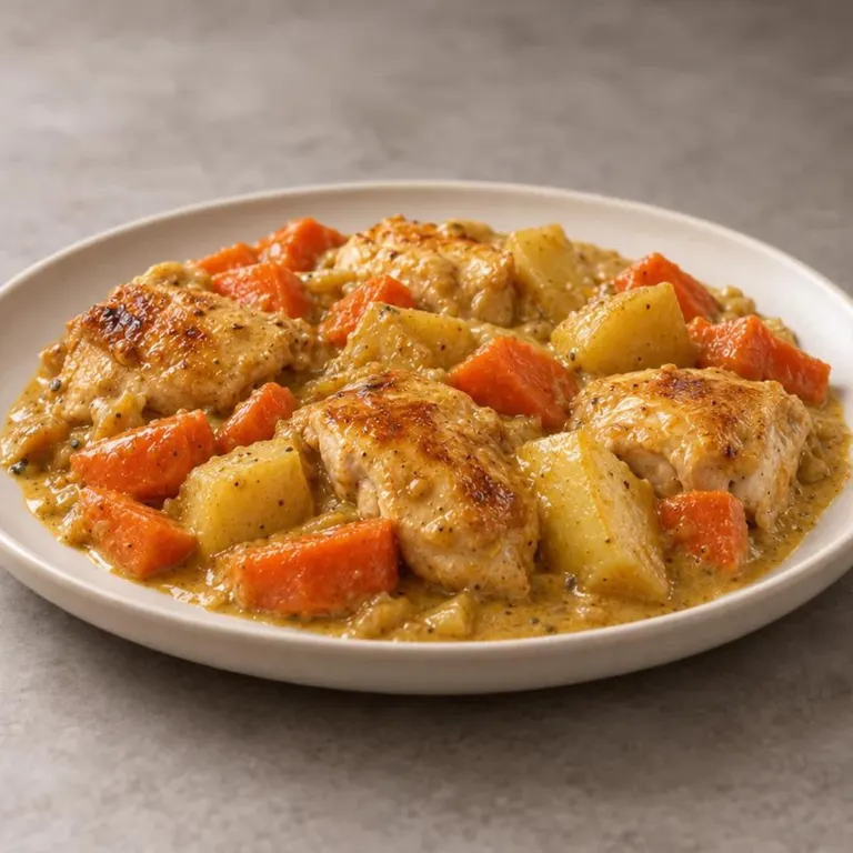 Mustard-cream chicken with carrots and potatoes