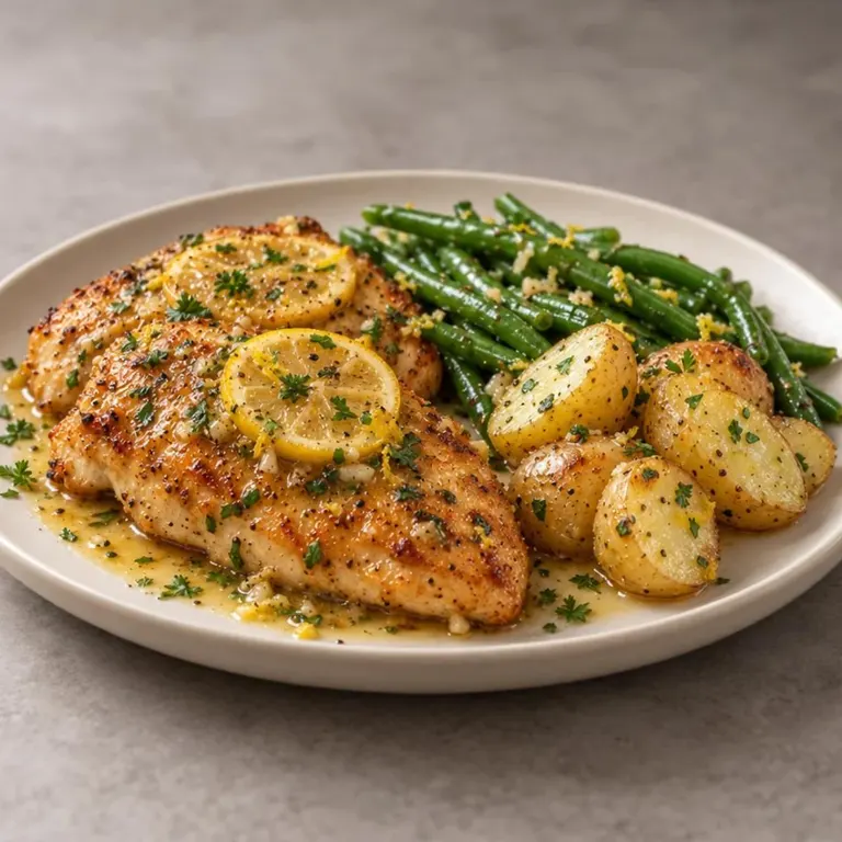 Lemon chicken piccata with beans and potatoes