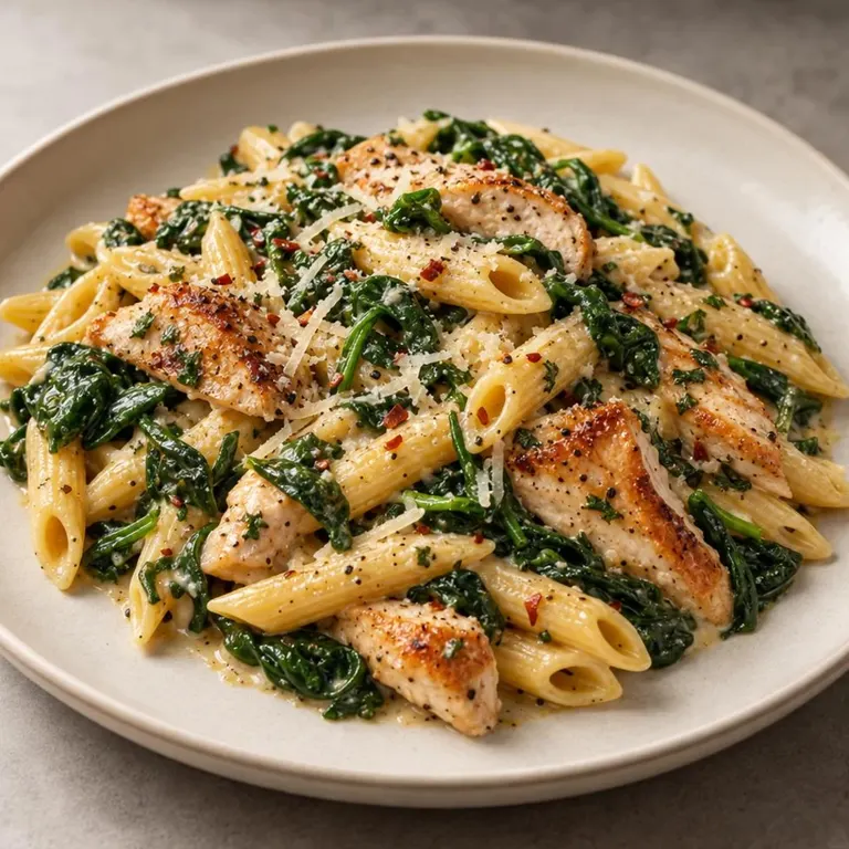 Chicken with spinach and gluten-free pasta
