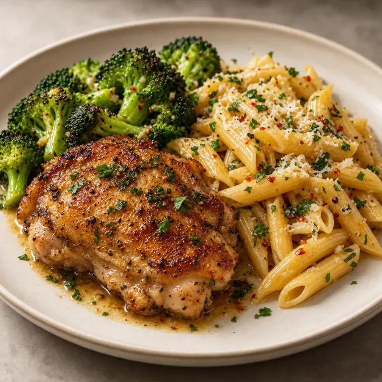 Chicken thigh with broccoli and gluten-free pasta