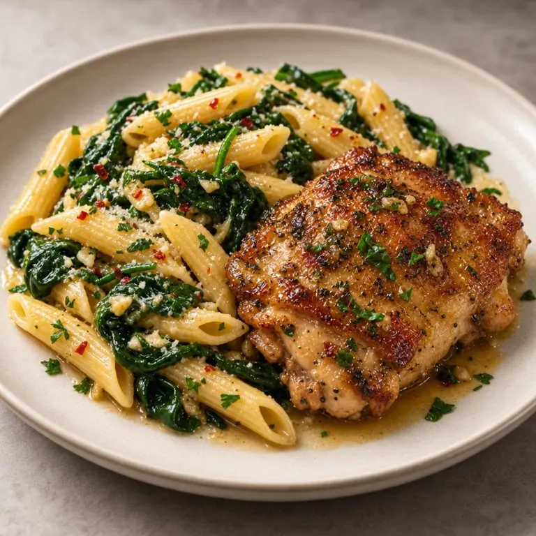 Chicken thigh with spinach and gluten-free pasta