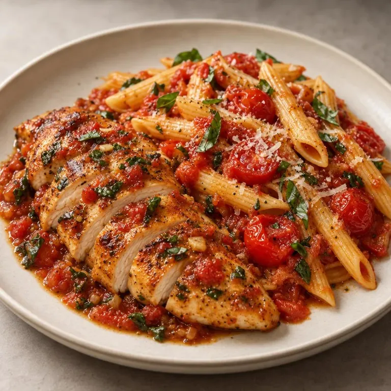 Chicken with tomatoes and gluten-free pasta