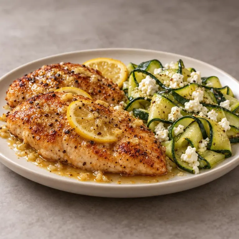 Lemon chicken zucchini ribbons with feta