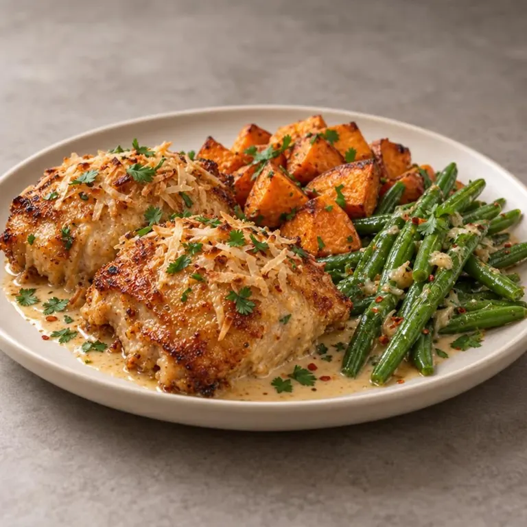 Coconut baked chicken with green beans