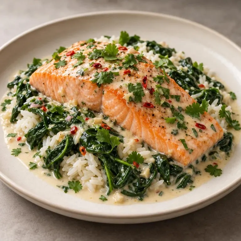 Coconut salmon with spinach rice