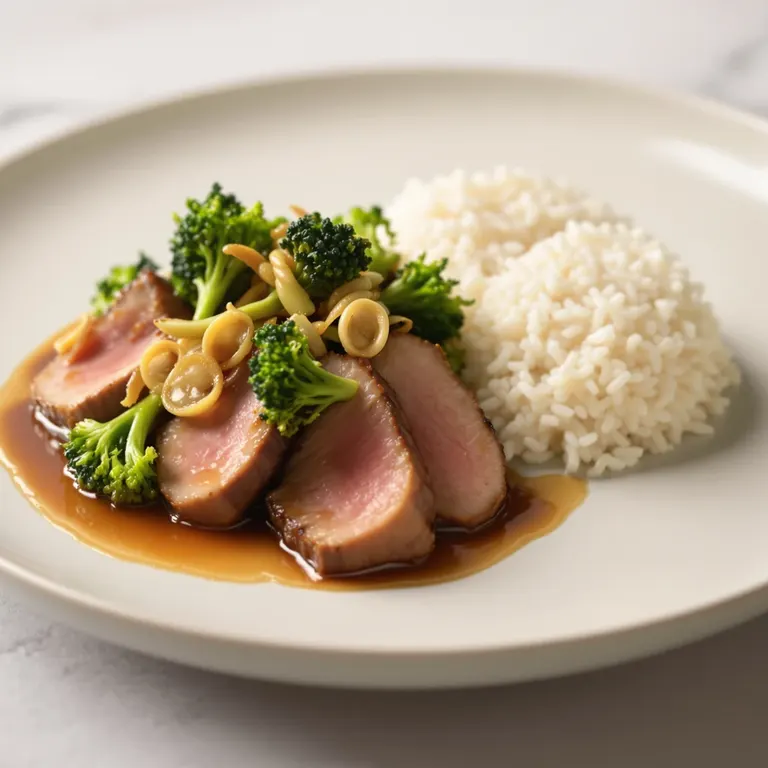 Duck breast with honey-soy greens & rice
