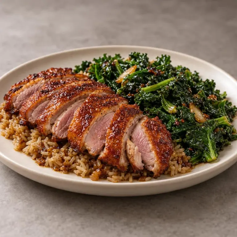 Rendered duck with honey-soy kale and rice