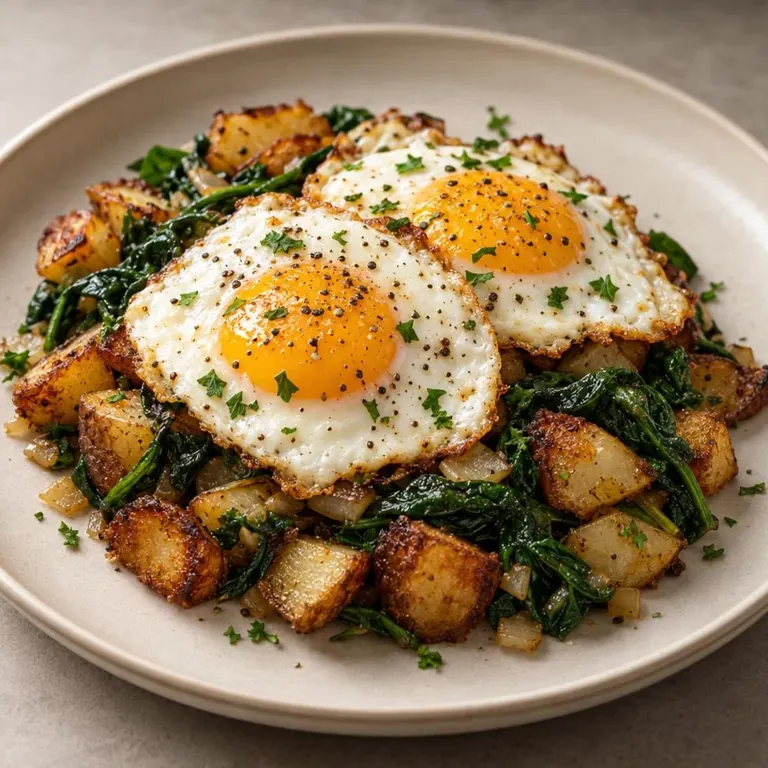 Fried eggs with spinach and potatoes