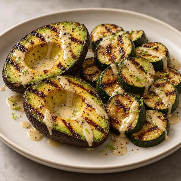 Grilled avocado zucchini tahini