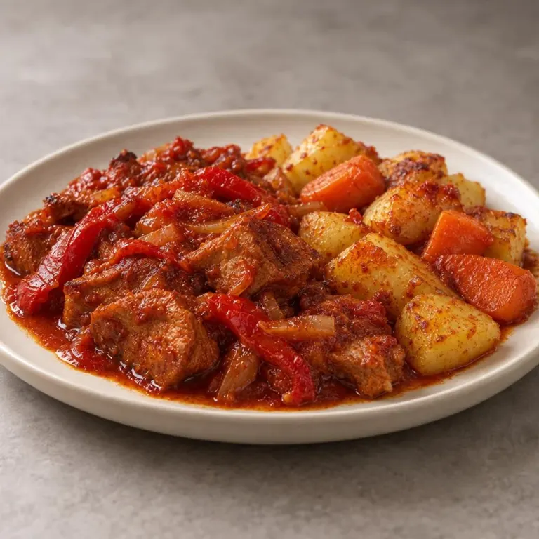 Paprika pork with potato and carrot