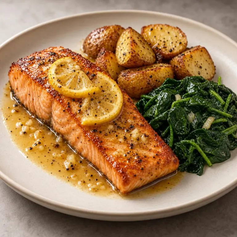 Lemon salmon with spinach potatoes