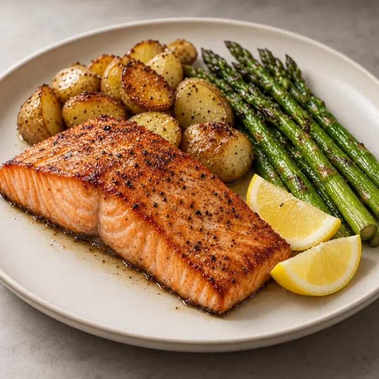 Pressure salmon with potato and asparagus