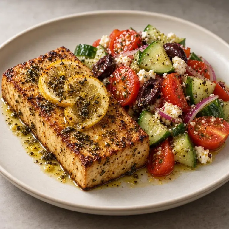 Lemon Herb Tofu with Tomato Olive Salad