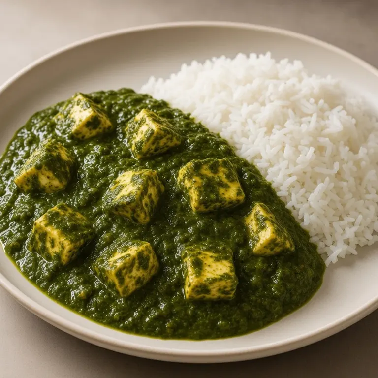 Palak-style spinach paneer with rice