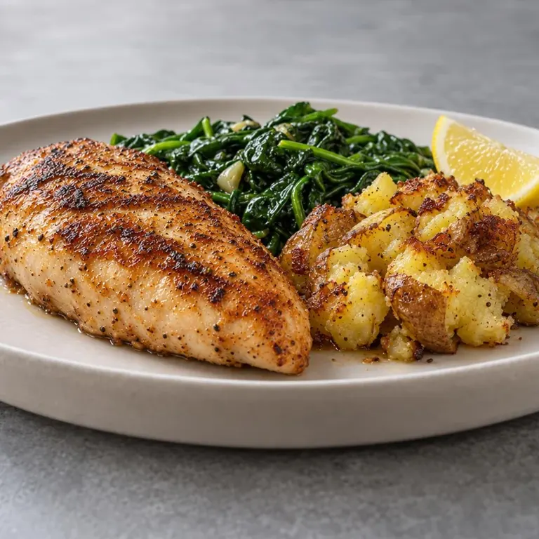 Pan-Fried Chicken with Spinach & Crushed Potatoes