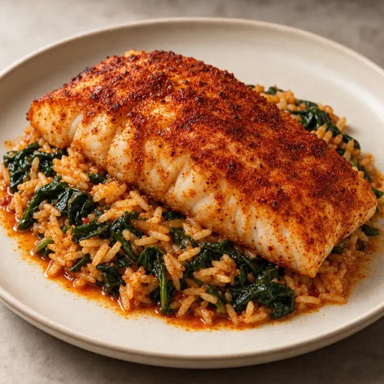 Paprika White Fish with Spinach Rice