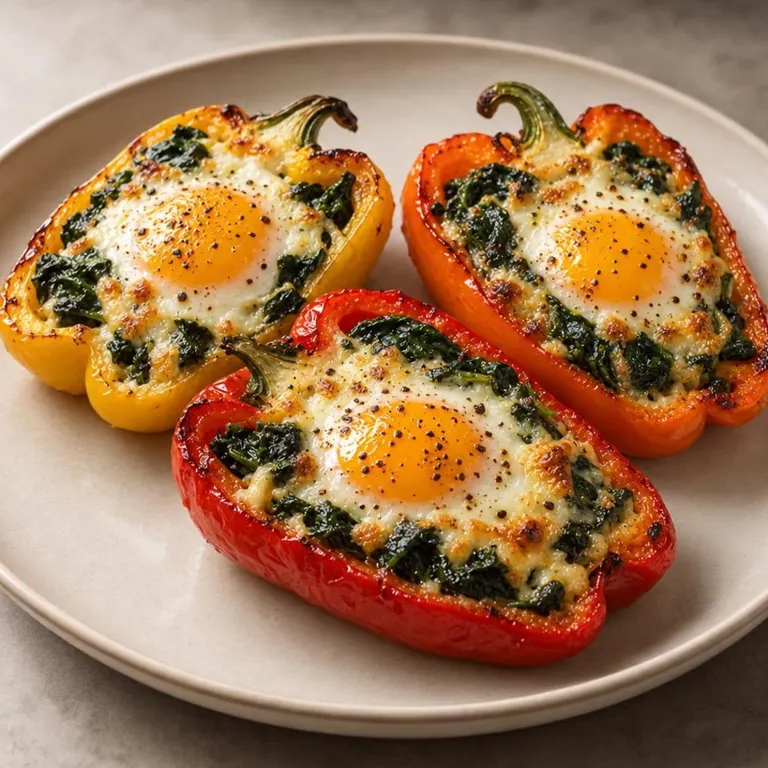 Pepper Boats with Baked Eggs & Spinach
