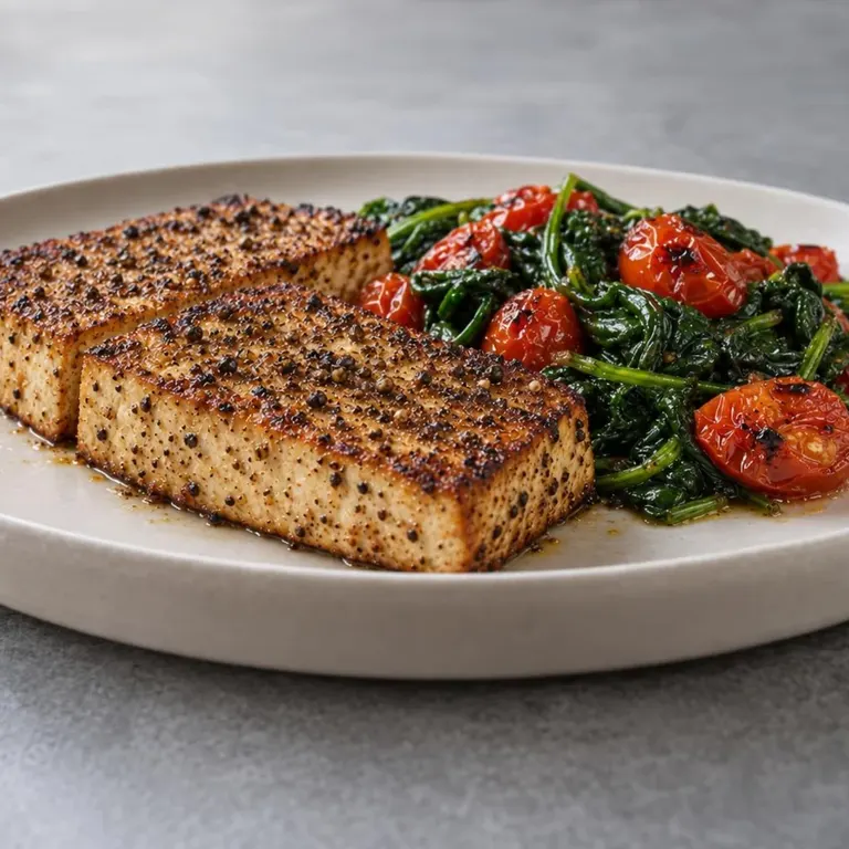 Peppered Tofu Steaks with Spinach & Tomatoes