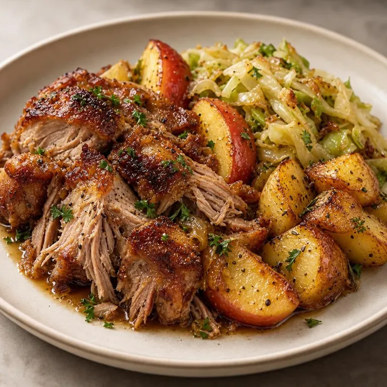 Roast pork with apple, cabbage & potatoes