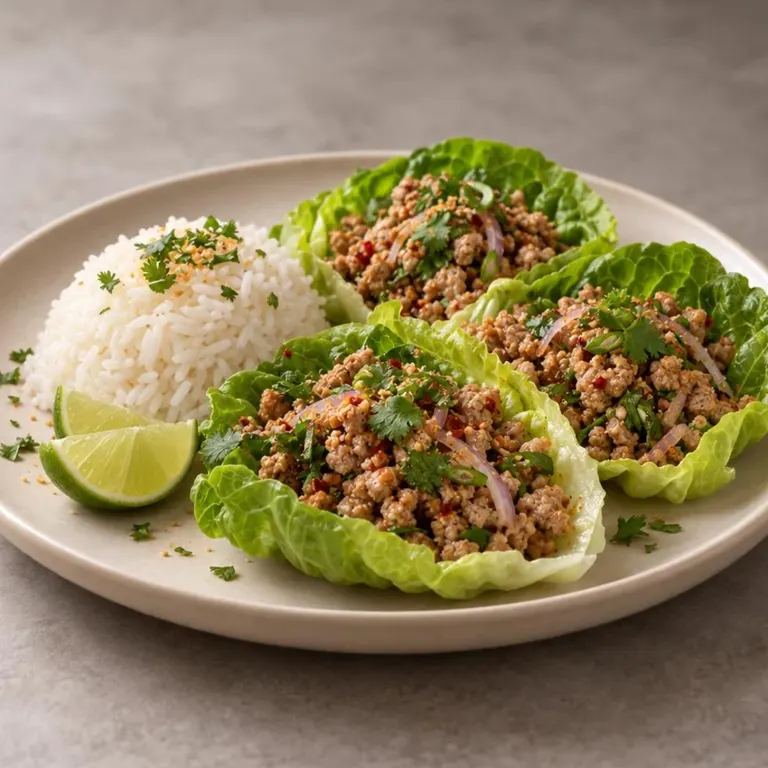 Pork larb with lettuce and rice
