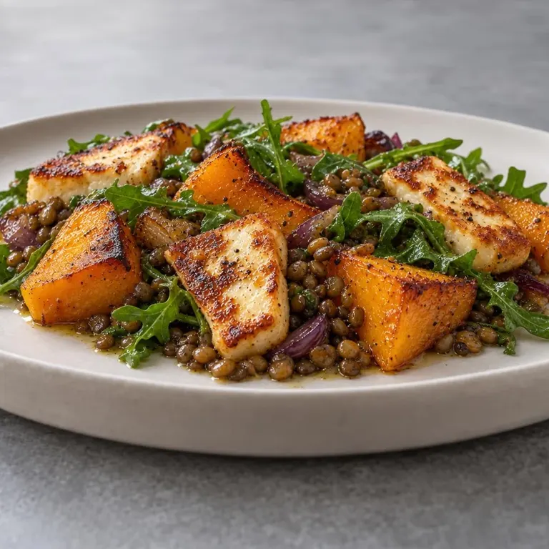 Roast Squash with Halloumi & Lentils