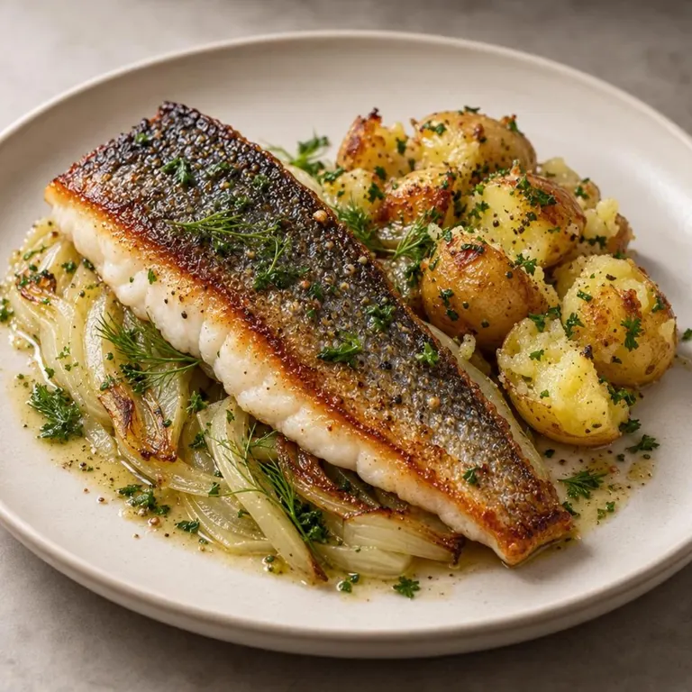 Lemon sea bass with fennel and crushed potatoes