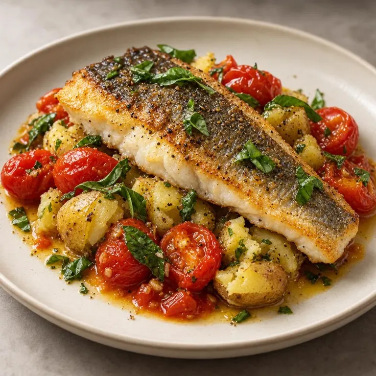 Sea Bass with Crushed Potatoes & Basil Tomatoes