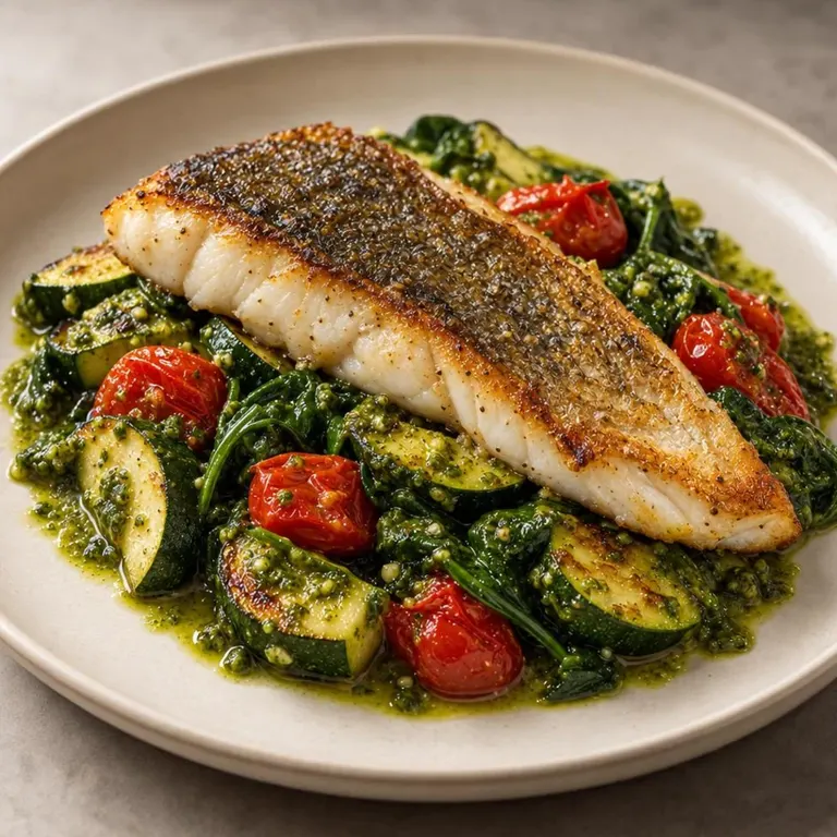 Sea Bass with Pesto Vegetables
