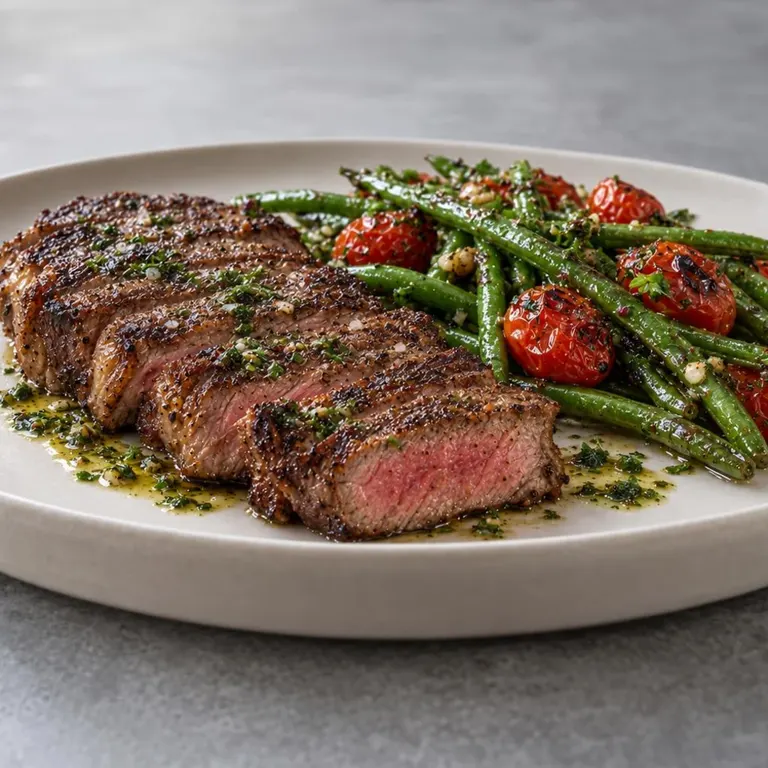 Seared Steak with Green Beans & Blistered Tomatoes