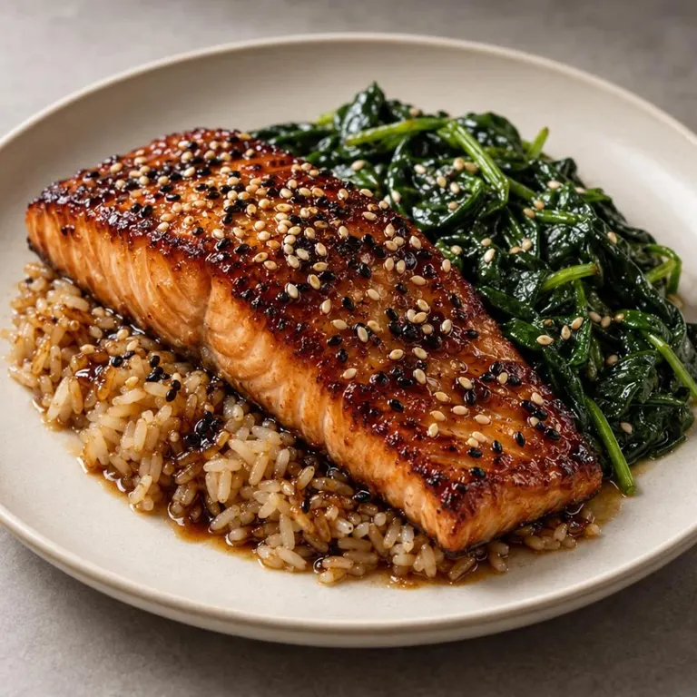 Sesame salmon rice with spinach