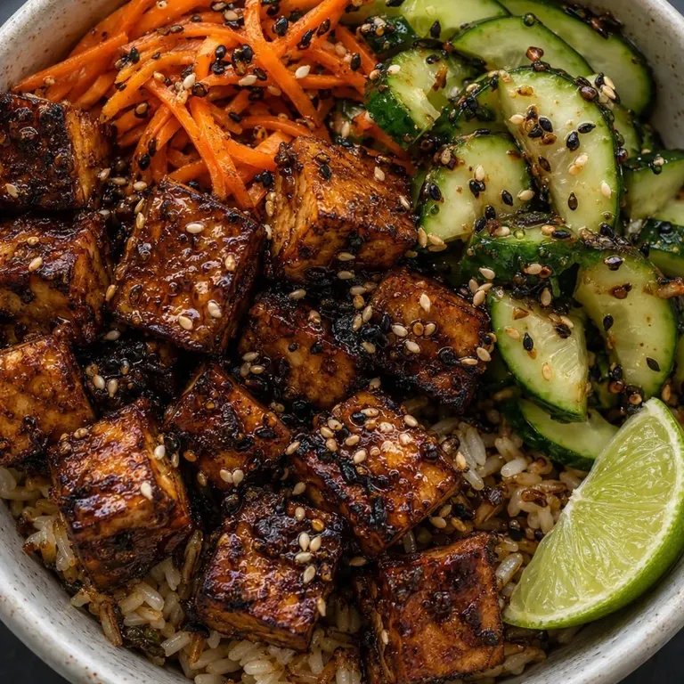 Sesame Tofu Cucumber Rice Bowl